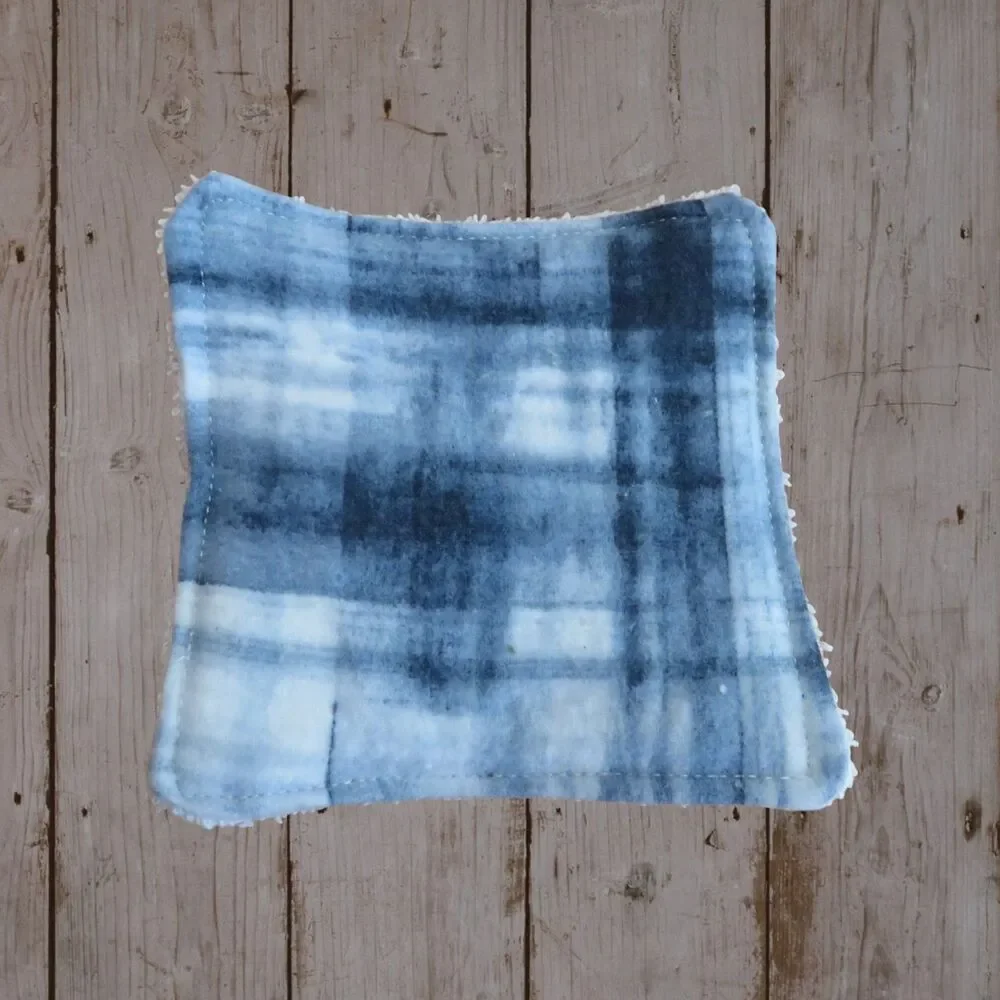 Handmade Makeup Remover Pads,  6 Blue Square Pads, Flannel and Terry Cloth